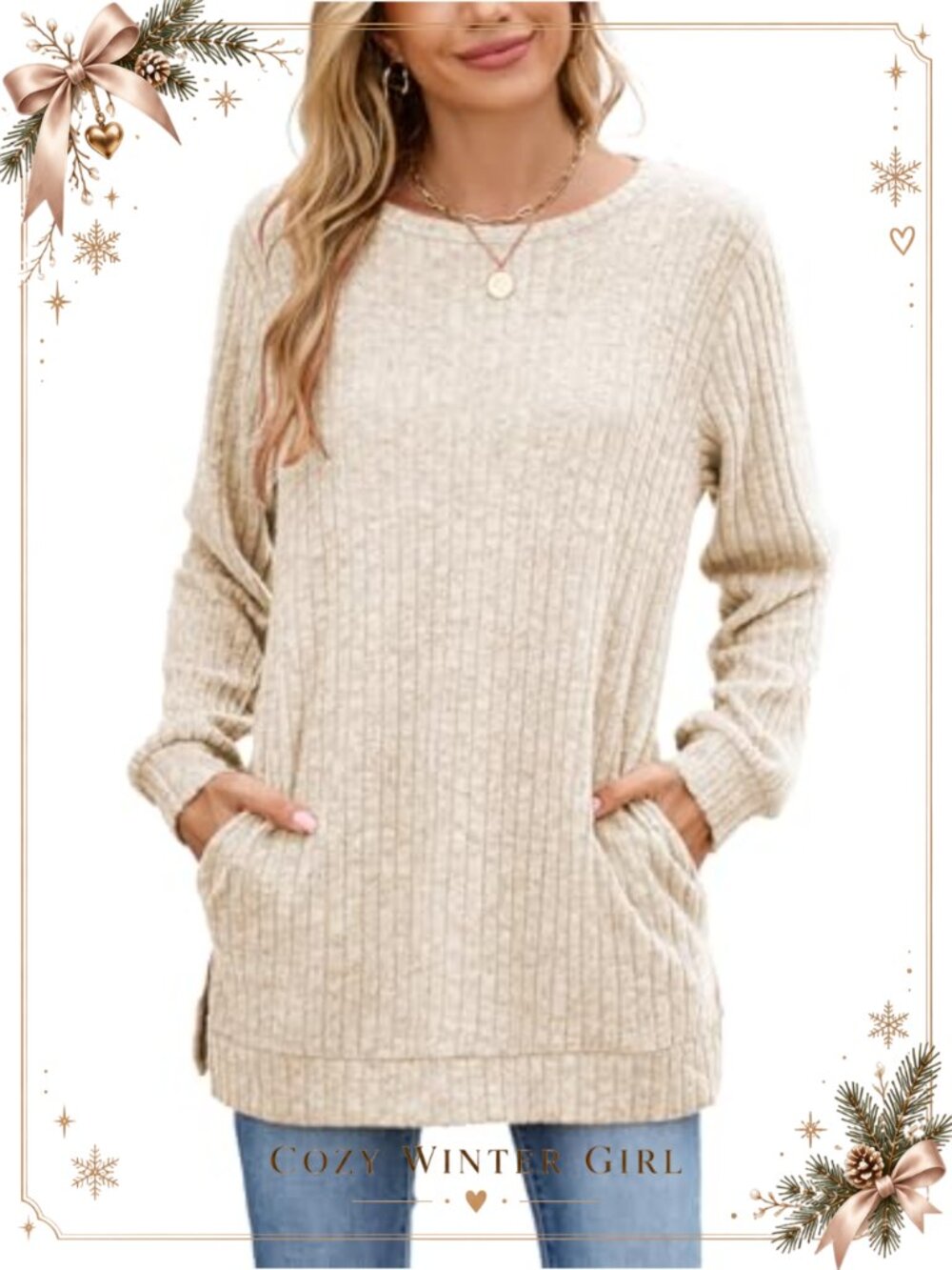 Women's Longline Tunic Side Split Long Sleeve Ribbed Knit Top with Pockets